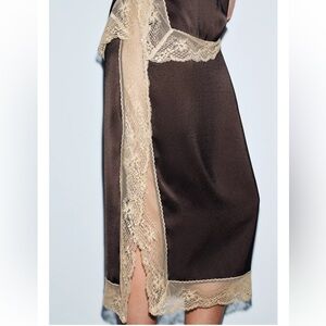 Zara ZW Satin Lace Midi Skirt Brown S NWOT Elegant Chic
